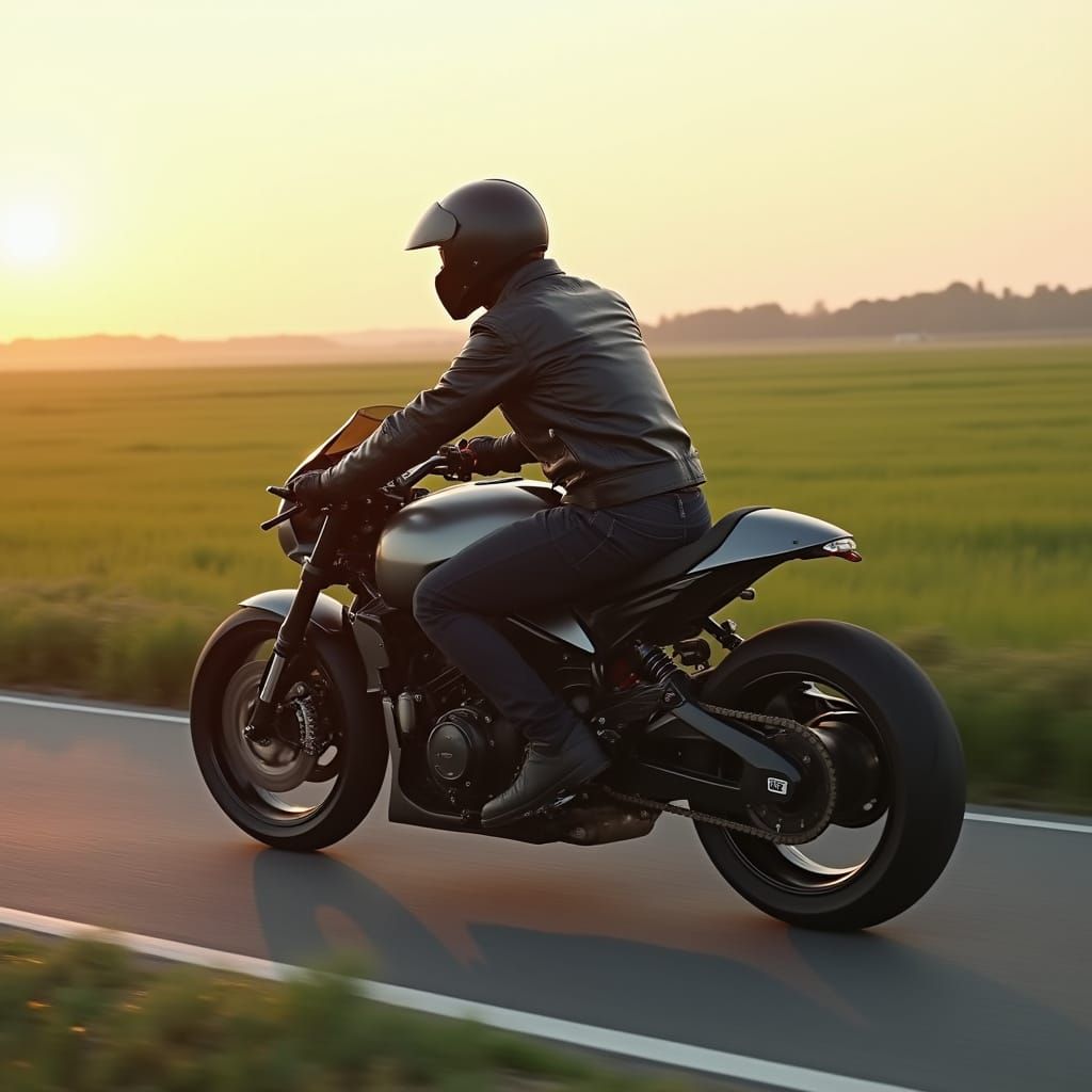 Futuristic Motorcycle Ride in Golden Light, DSLR Photography
