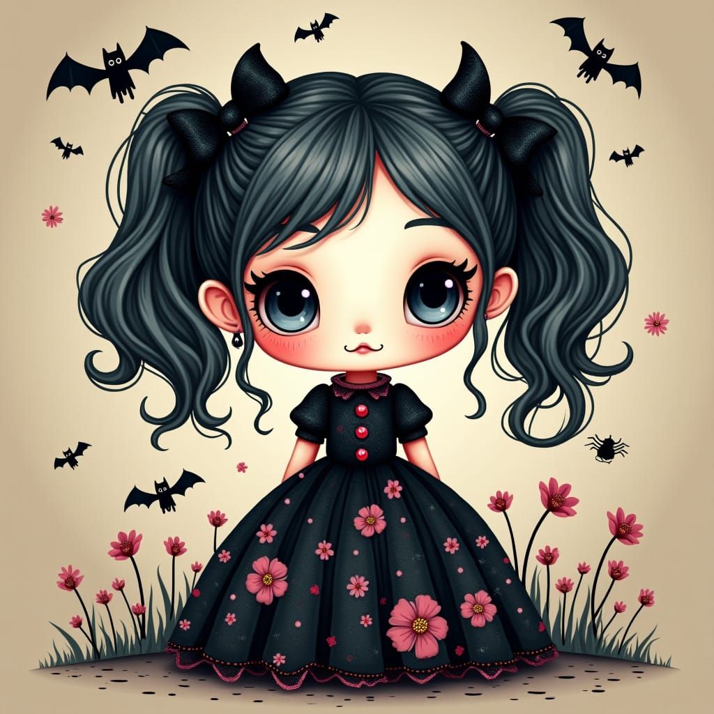 Kawaii Goth Dolly Girl in Burton-esque Style