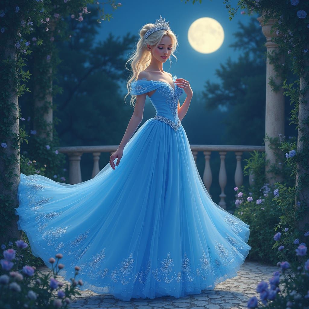 Graceful Princess in Moonlit Garden, Digital Illustration