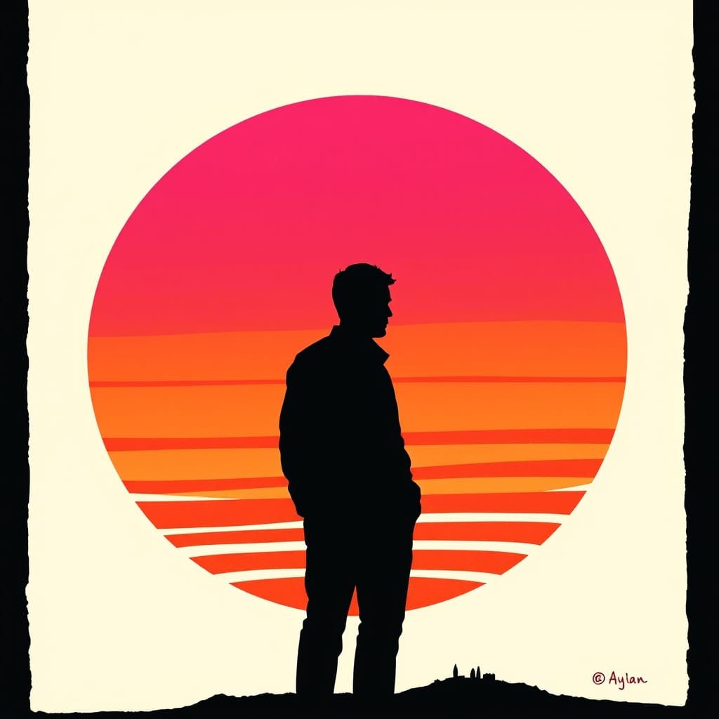 Man Against Vibrant Stylized Sunset in Linocut Style