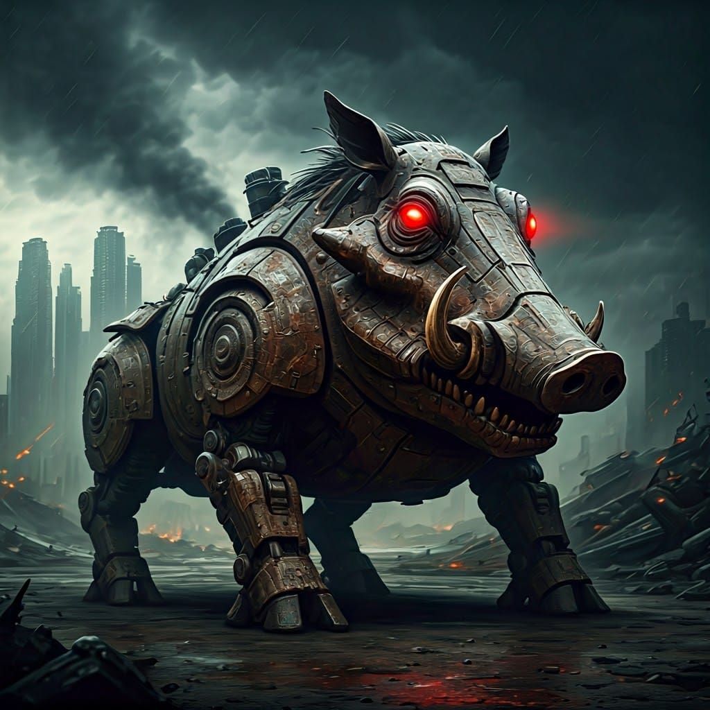 Cybernetic Warthog Tank in Post-Apocalyptic Ruins