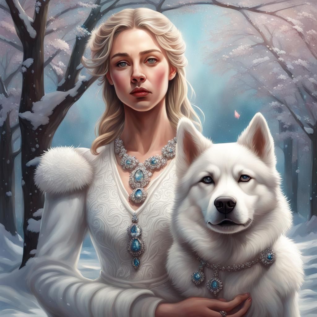 White Dress Girl with Husky in Snowy Landscape