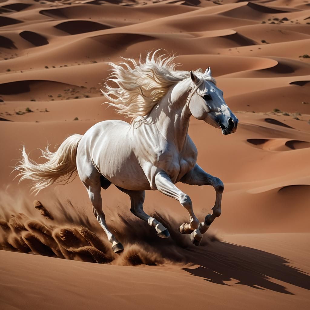 Cremello Horse Galloping Across Red Sand Dunes