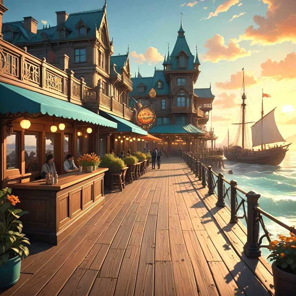 Surreal Boardwalk Scene in Vibrant Triadic Colors