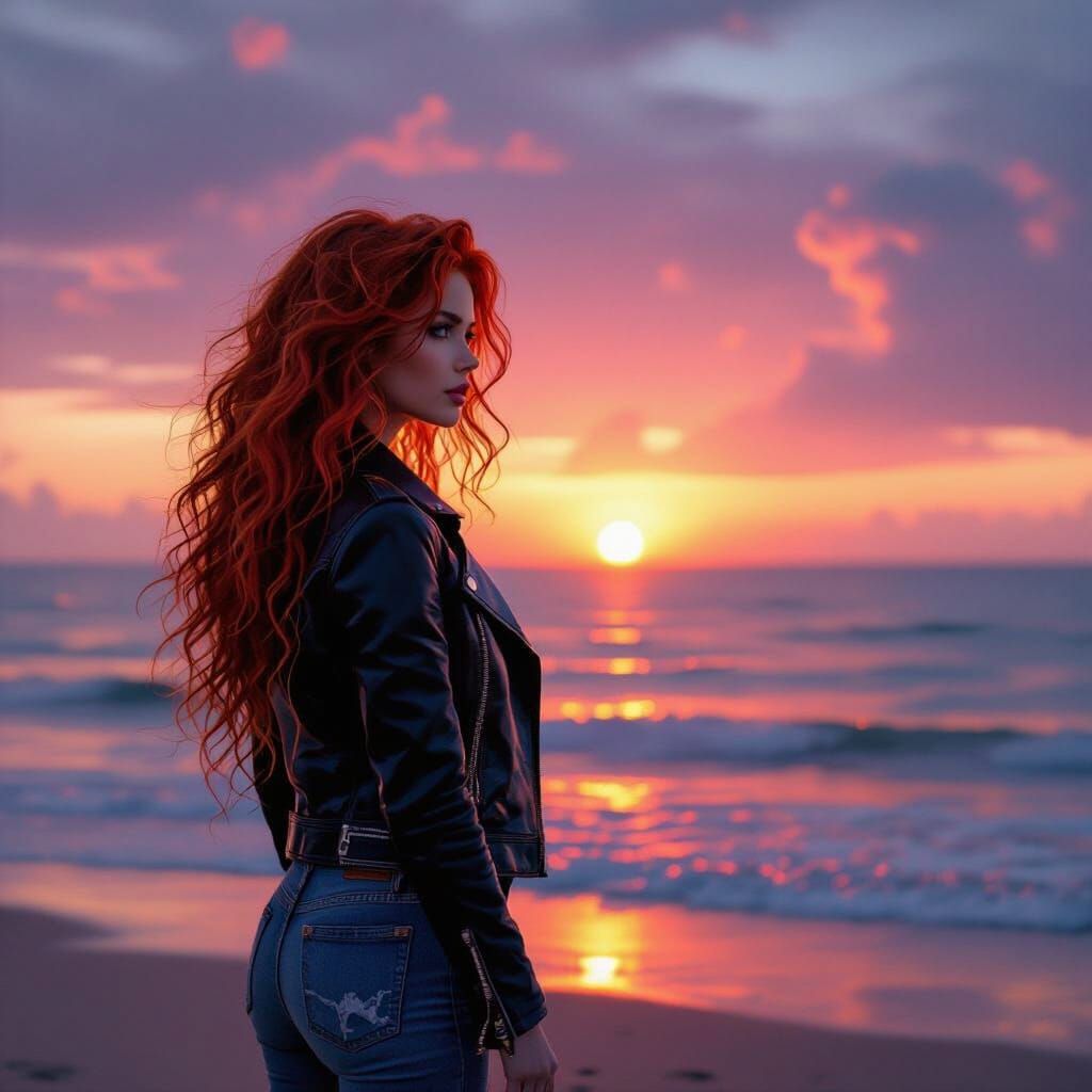 Cyberpunk Beach Sunset: Woman Gazes at Neon Sea