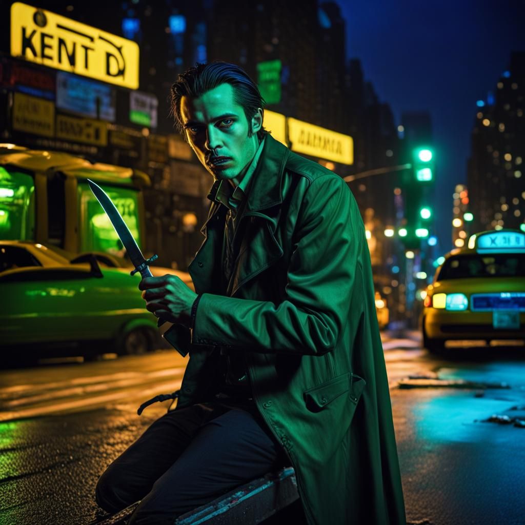 Hyperrealistic Vampire Detective in Moody Neon Cityscape