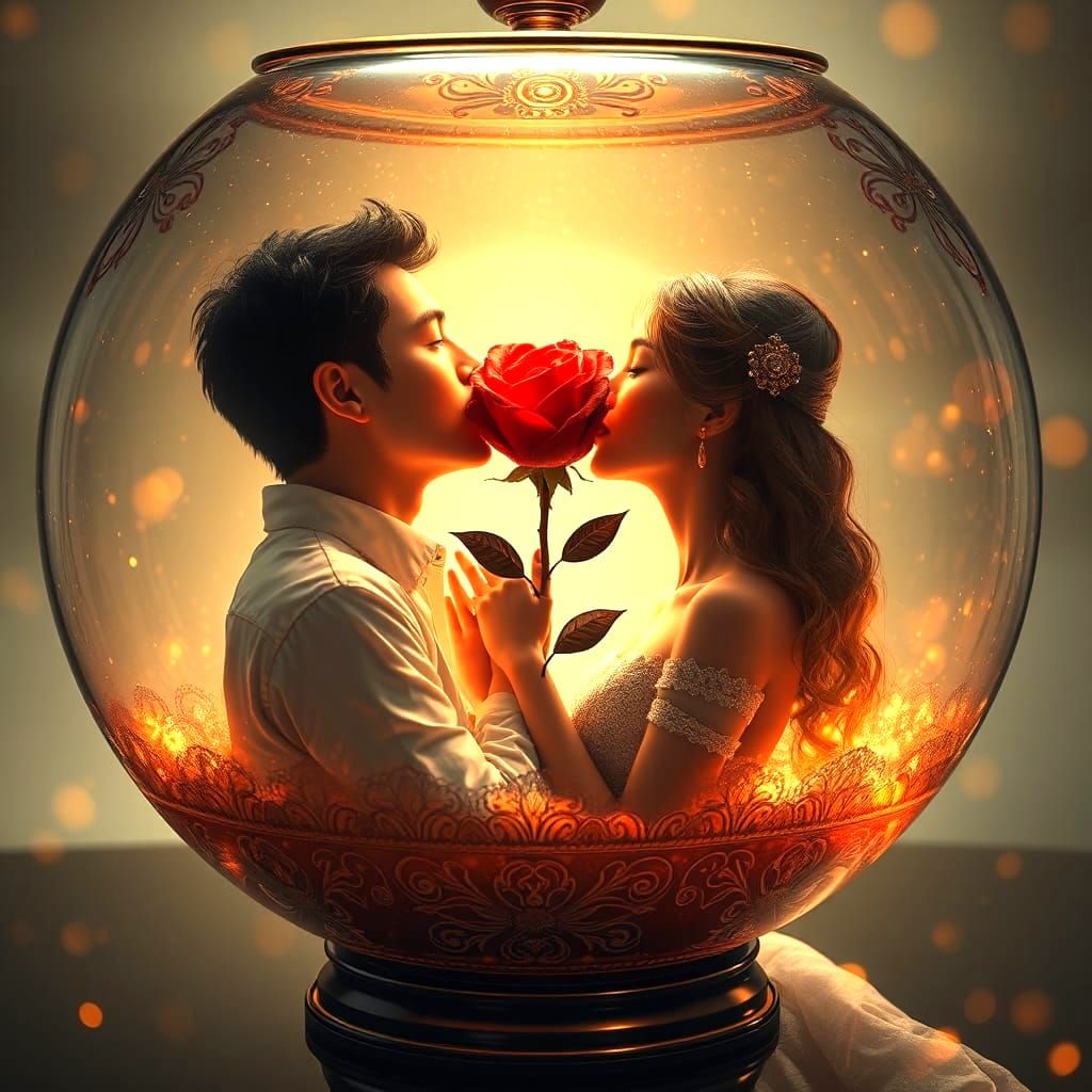 Lovers Kissing: Red Roseheart Symbol in Glass Bowl