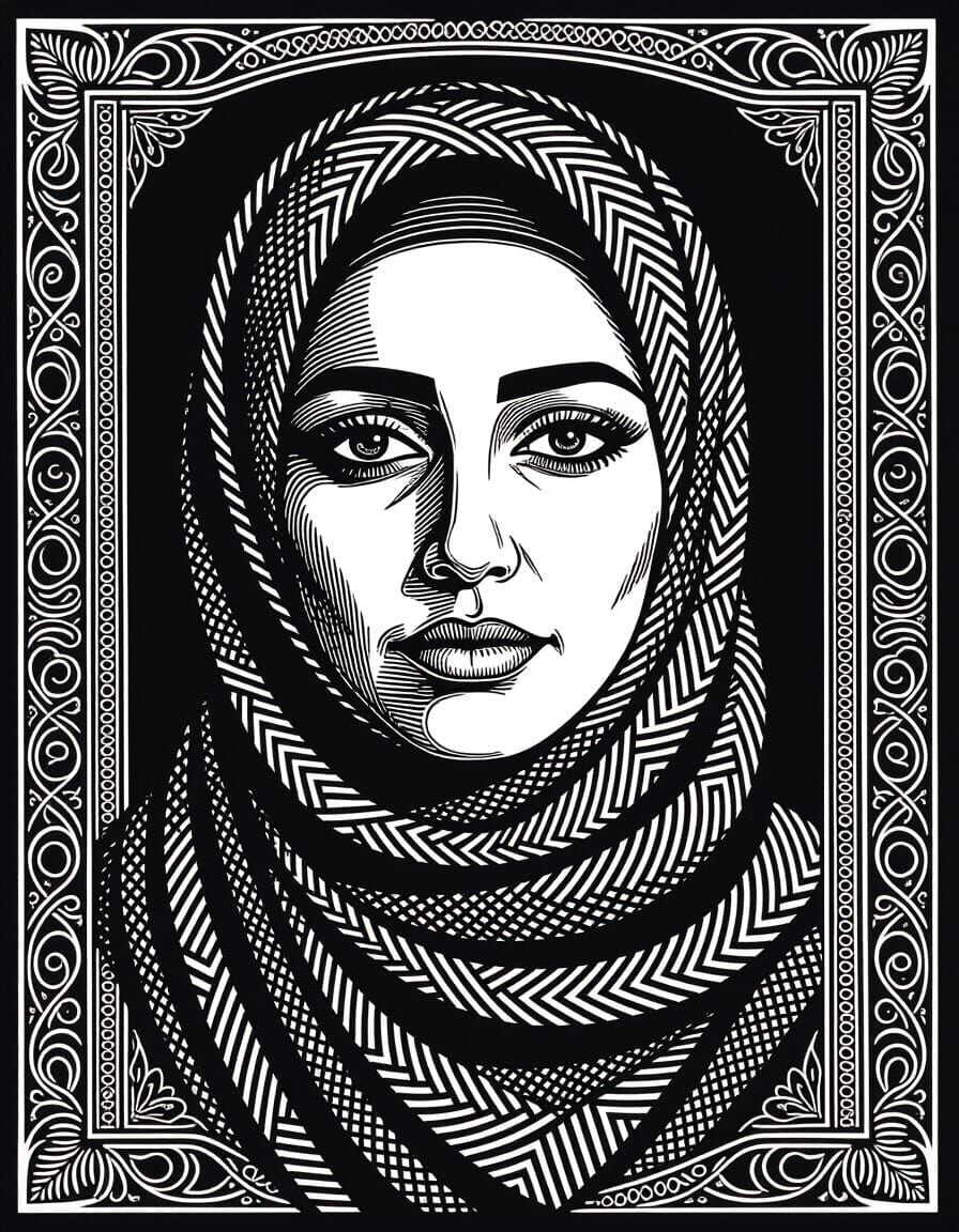 Palestinian Woman Portrait in Linocut Style