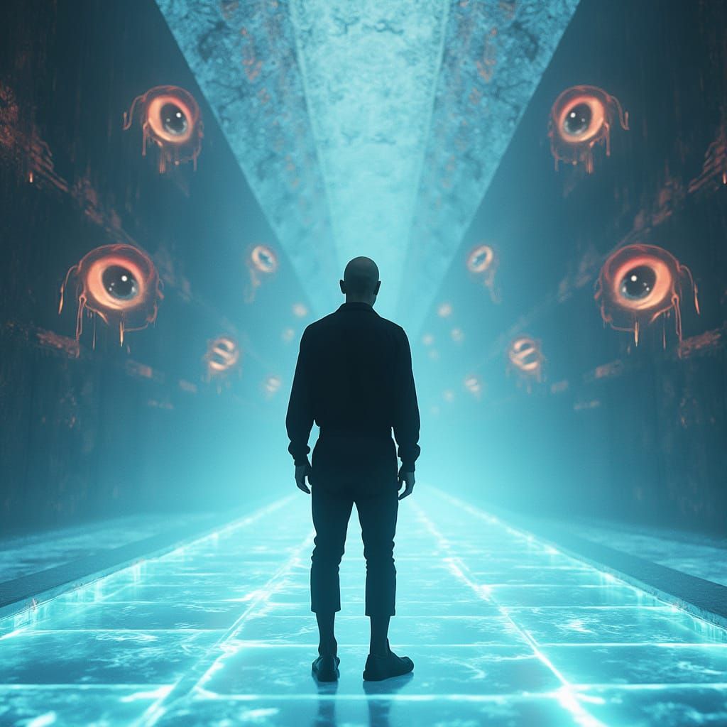 Mysterious Figure on Glowing Floor in Psychedelic Style