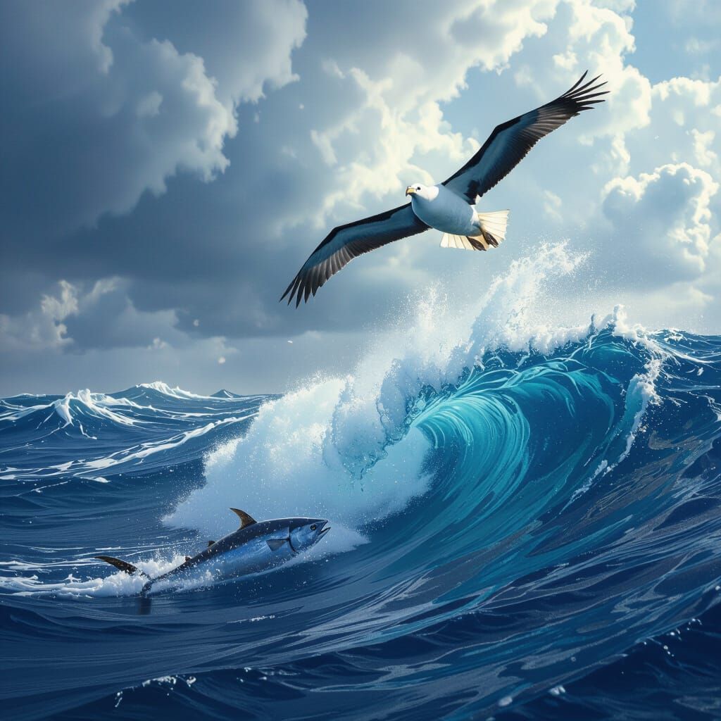 Albatross Soars Over Stormy Ocean with Tuna