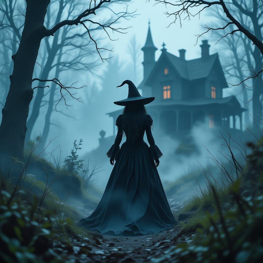 Eerie Witch in Misty Forest: Matte Painting Style