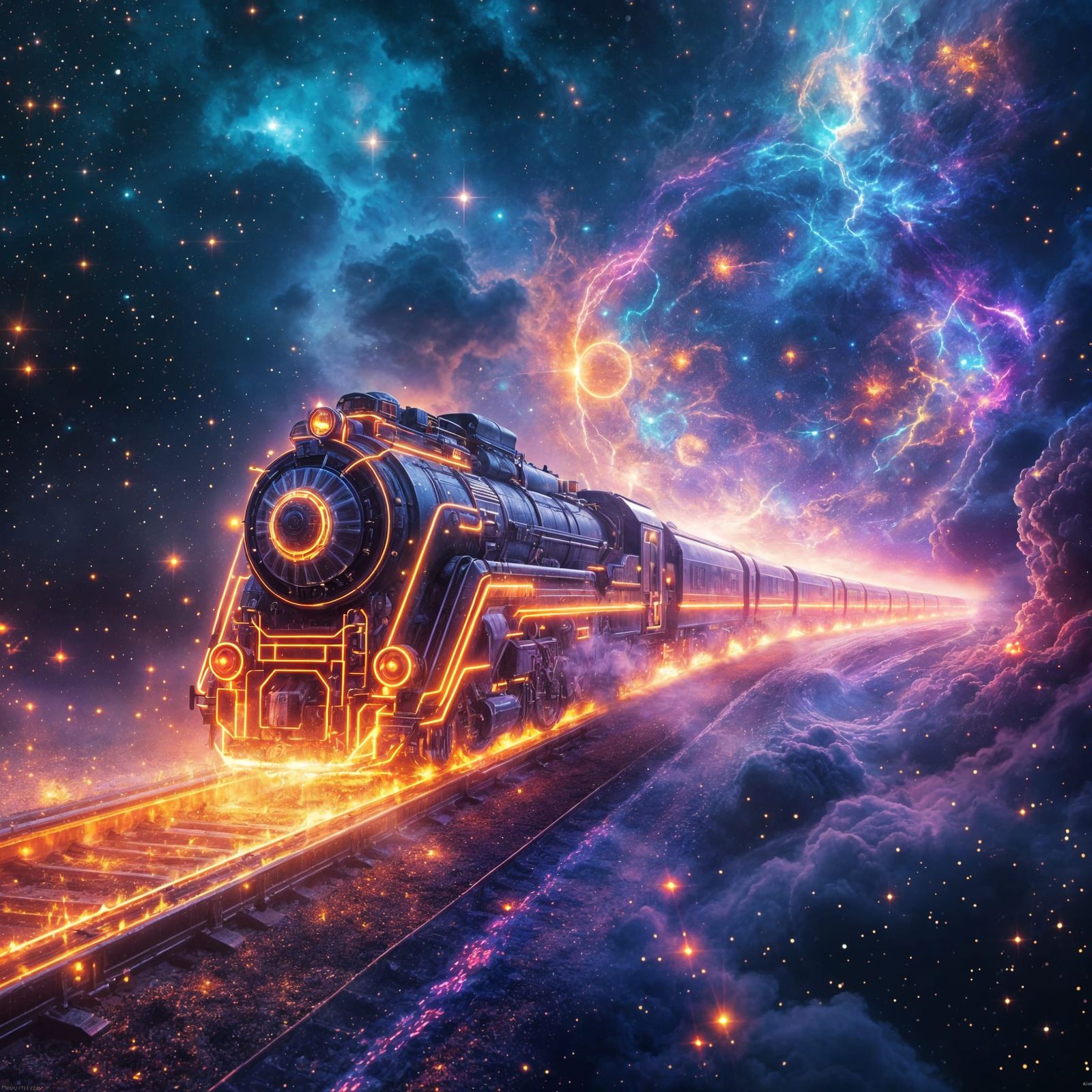 Surreal Cyberpunk Train Erupts from the Sun in a Swirling Ne...