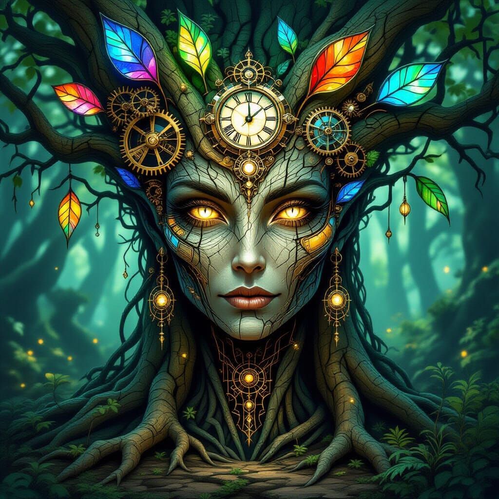 Wise Tree Spirit with Clockwork Bark and Stained Glass Leave...