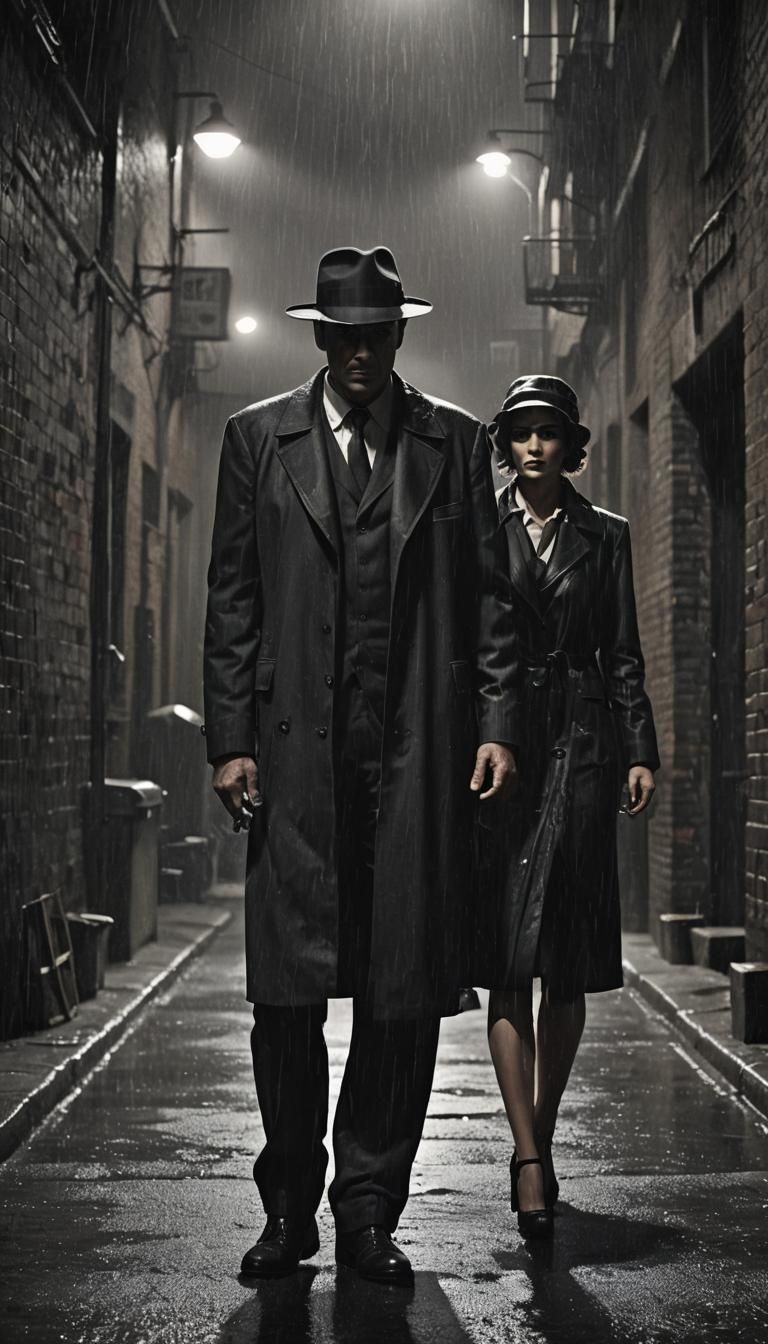 Film Noir: Mafia Man and Girl in Rainy Alley