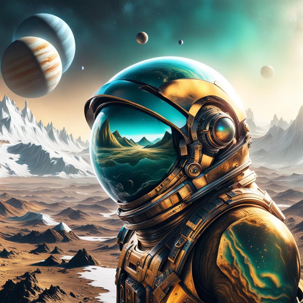 An alien planet with ice mountains, dark hills and golden and ice terrain, a spaceman looking up at moons and galaxy