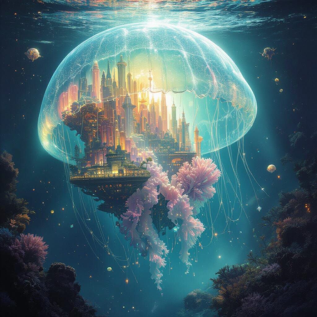 Bioluminescent Jellyfish City in Space