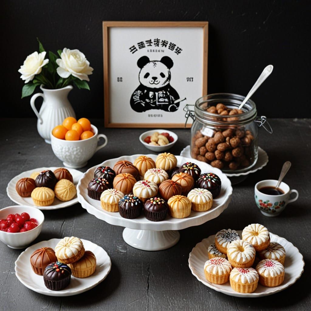 Vintage Korean Dessert Still Life in Modern Black and White