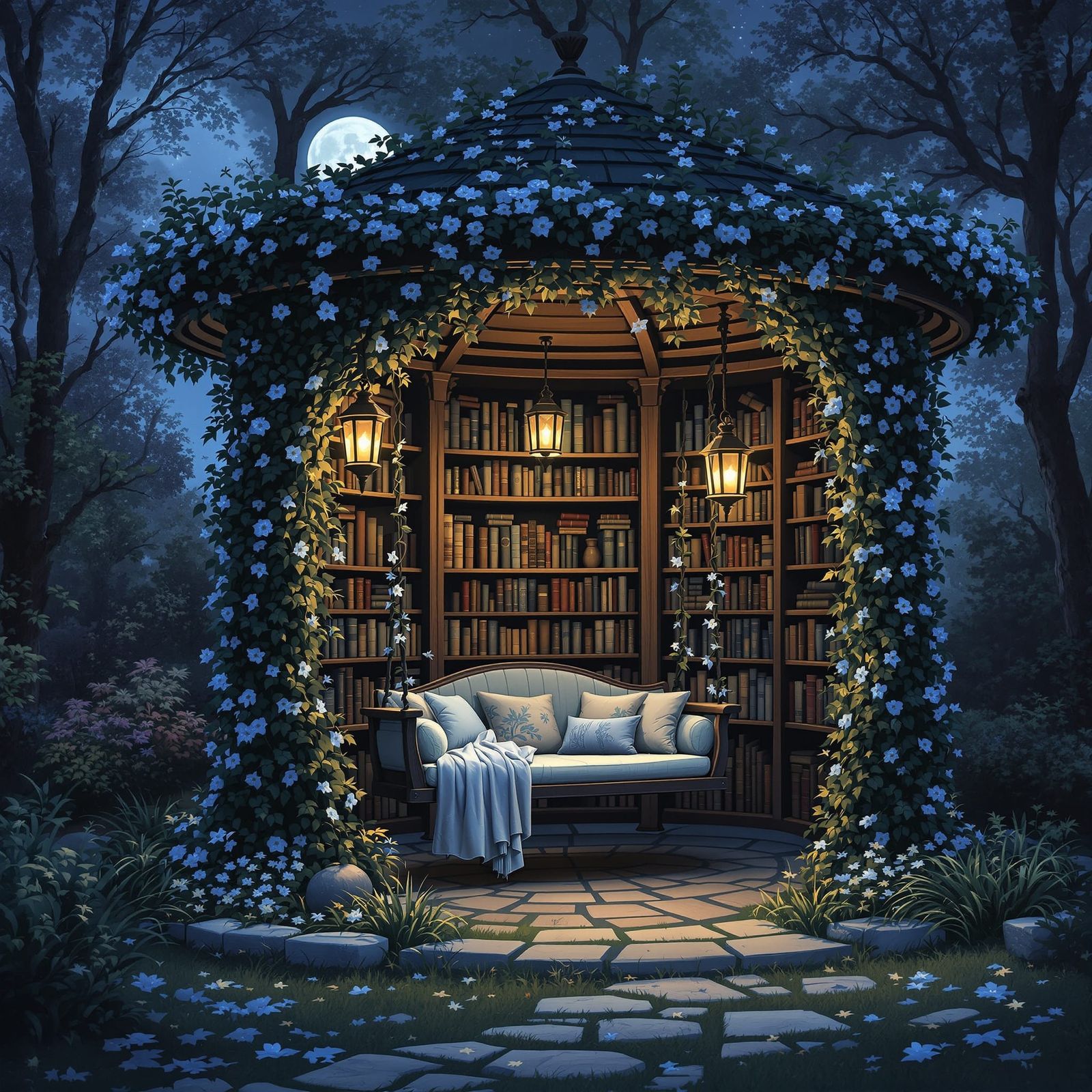 Magical Moonlit Library Gazebo in Enchanted Garden