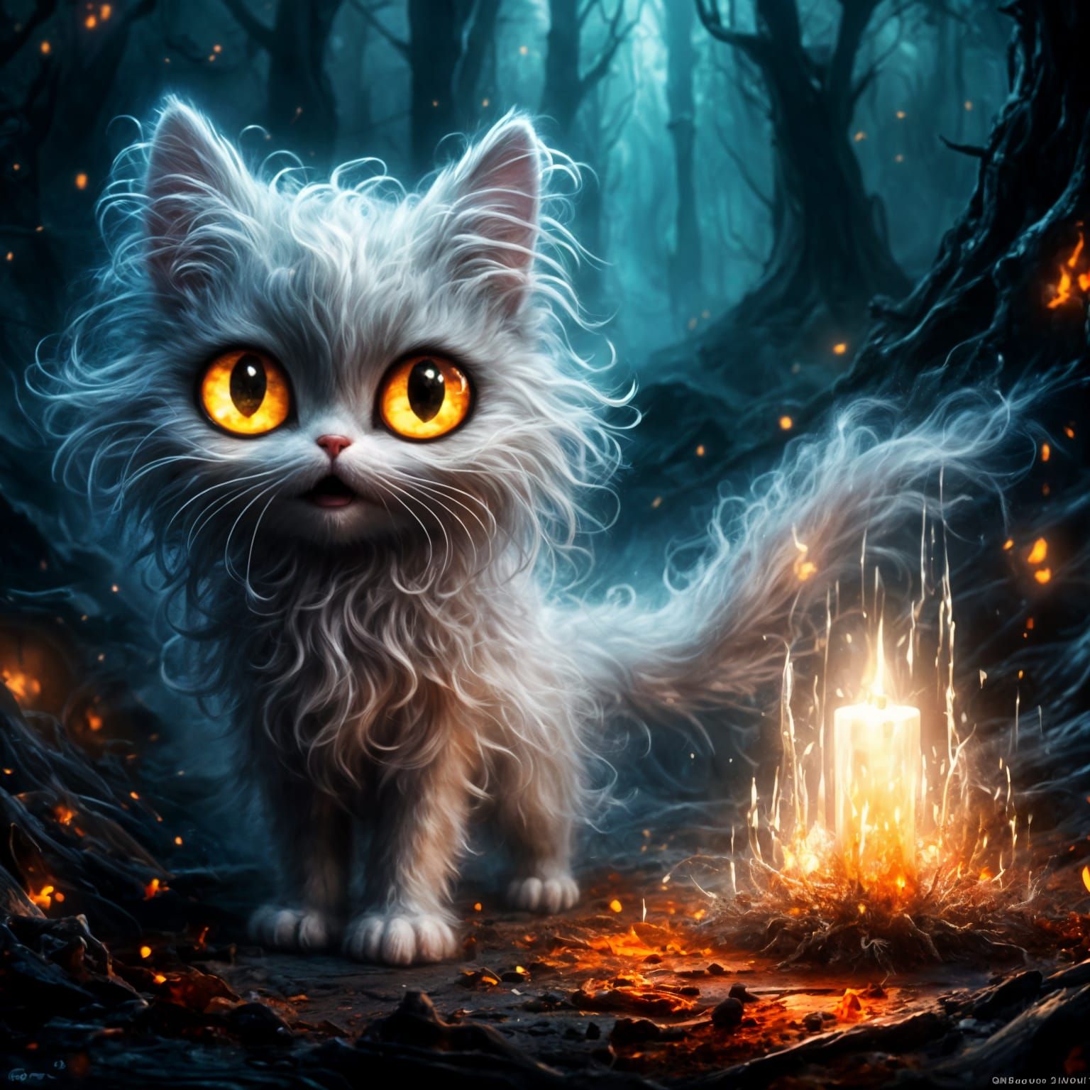Chibi Ghost Cat in Halloween Graveyard