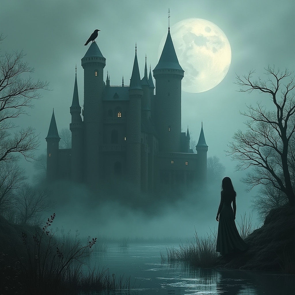 Mystical Swamp Castle with Raven and Silhouetted Woman