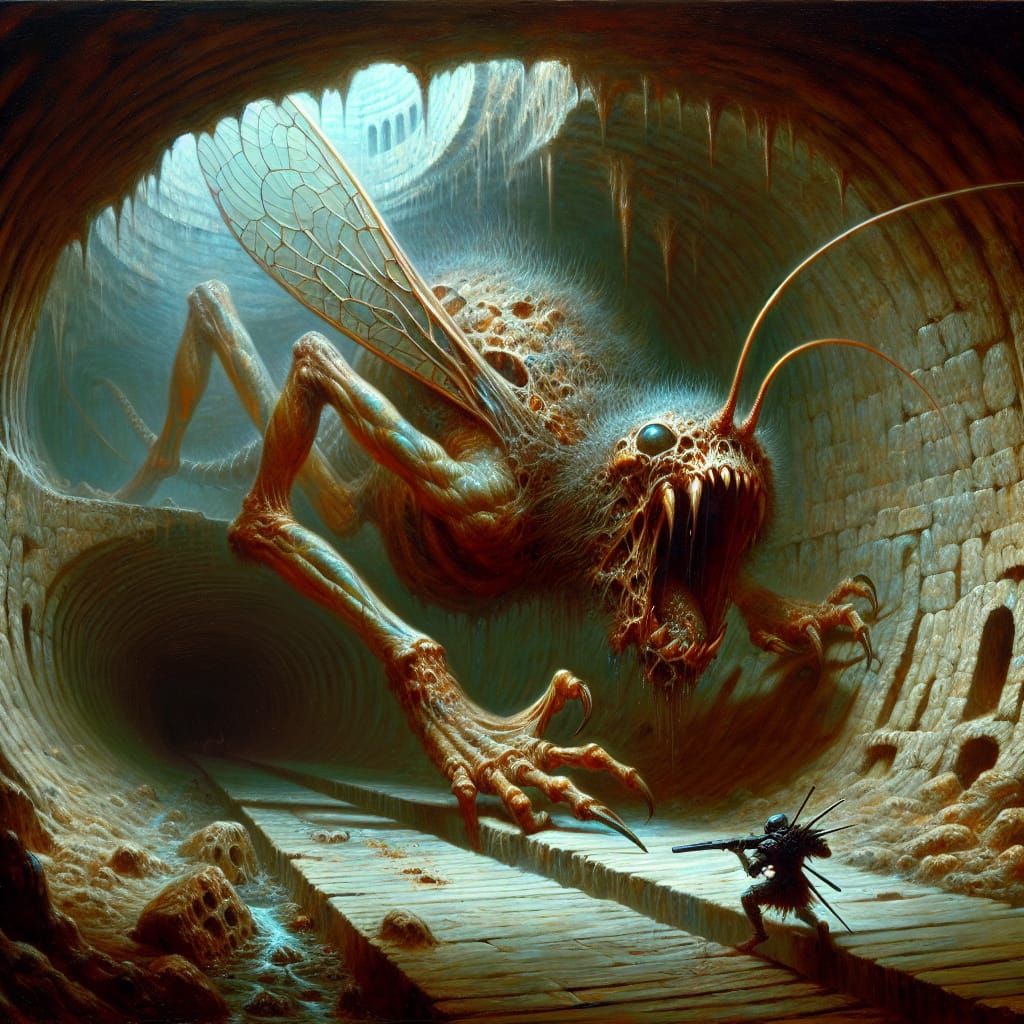 Dark Fantasy Oil Painting: Blind Dungeon Creature Devours Ro...