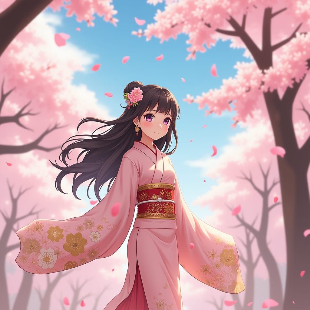 Anime Girl in Sakura Garden: Digital Matte Painting