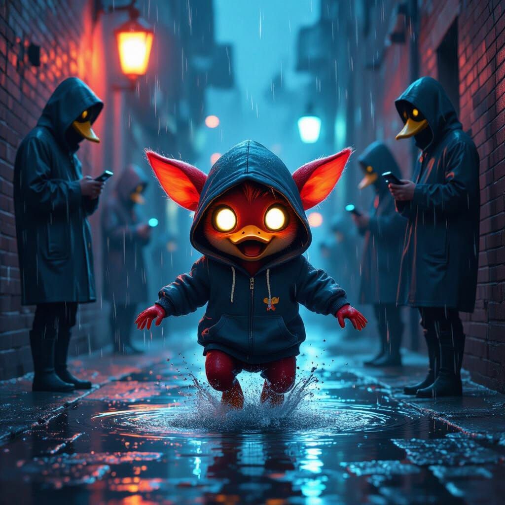 Joyful Creature in Rainy Alley: Digital Painting