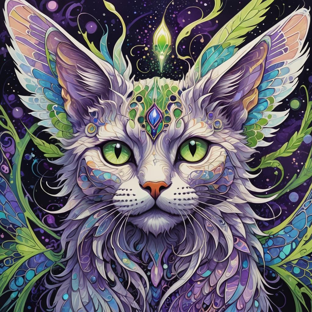 Ghost Cat with Neon Aura in Art Nouveau Style
