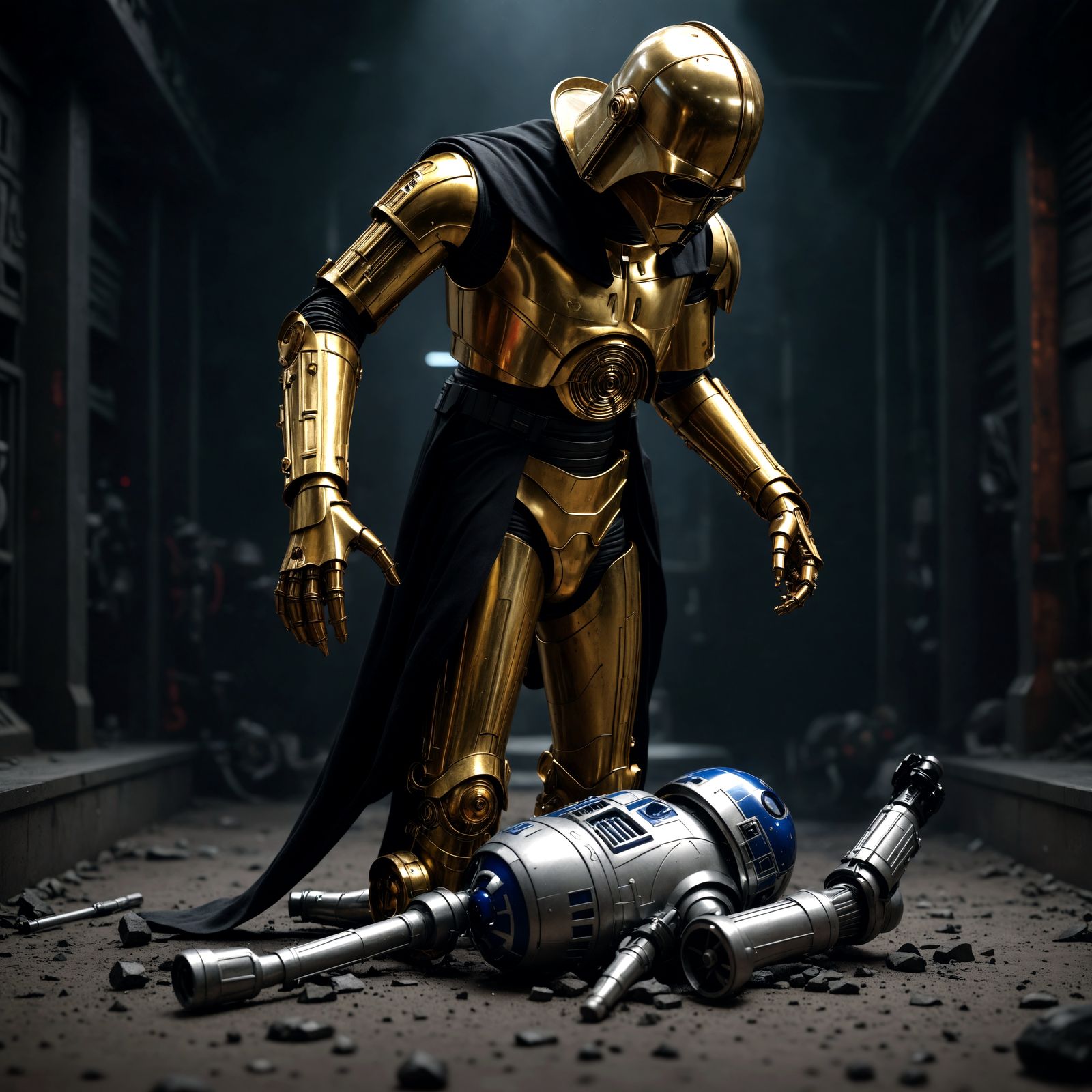 Golden Droid Crushed Underfoot in Dark Vader Helmet