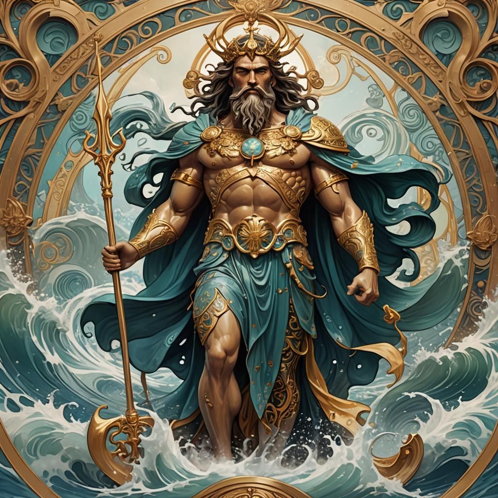 Poseidon on Runway in Art Nouveau Style