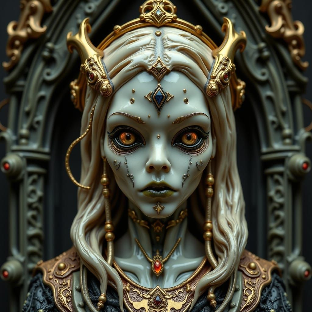 <lora:Grotesqueries:1.0> Hyper-detailed dark fantasy portrait inspired by H.R. Giger