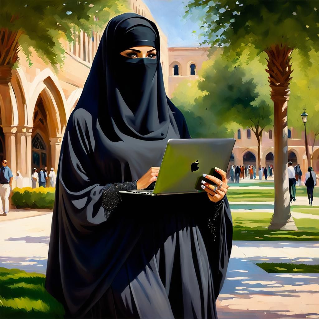 Niqabi Woman on Campus in Detailed Oil Painting