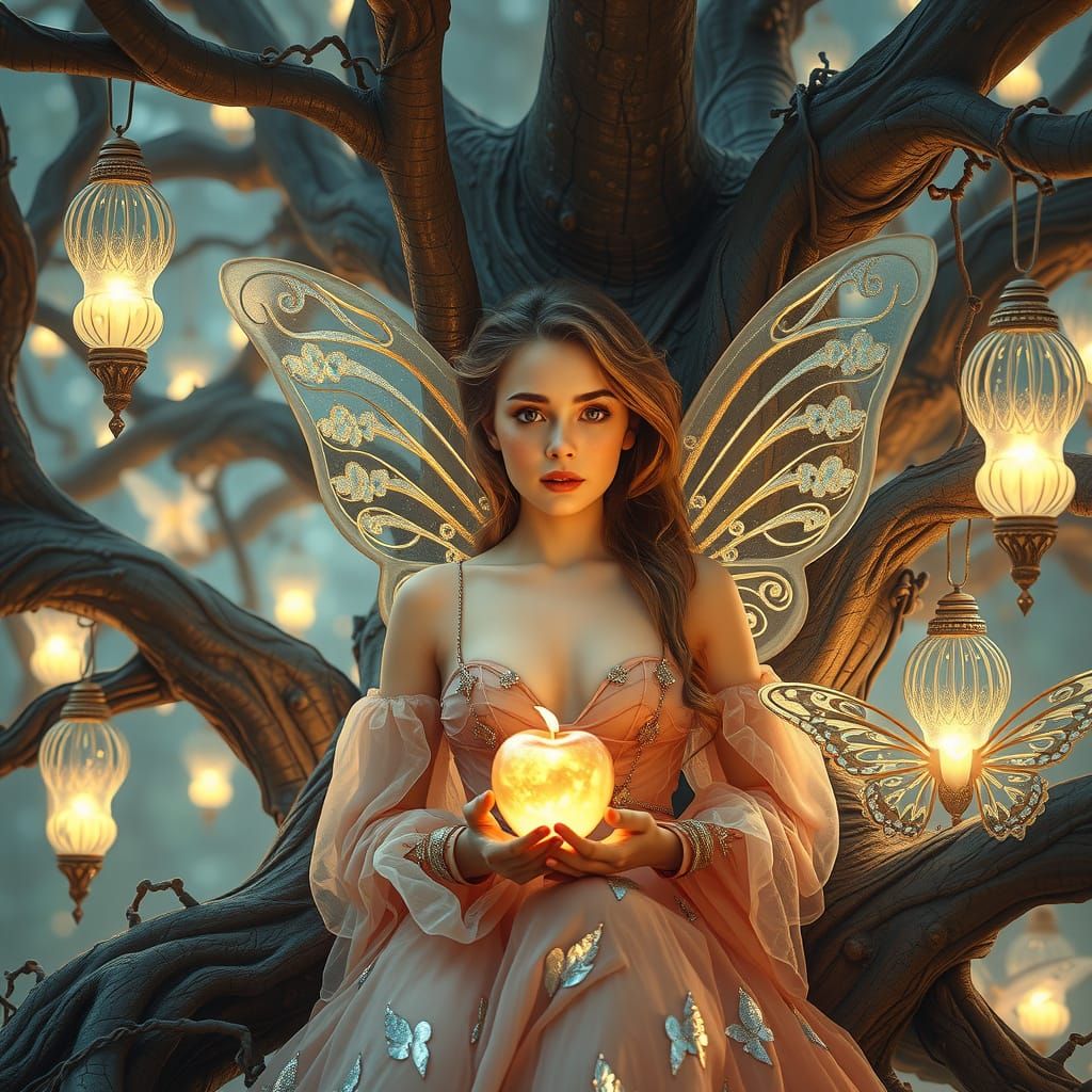 Luminous Fairy in Ancient Tree with Futuristic Elements