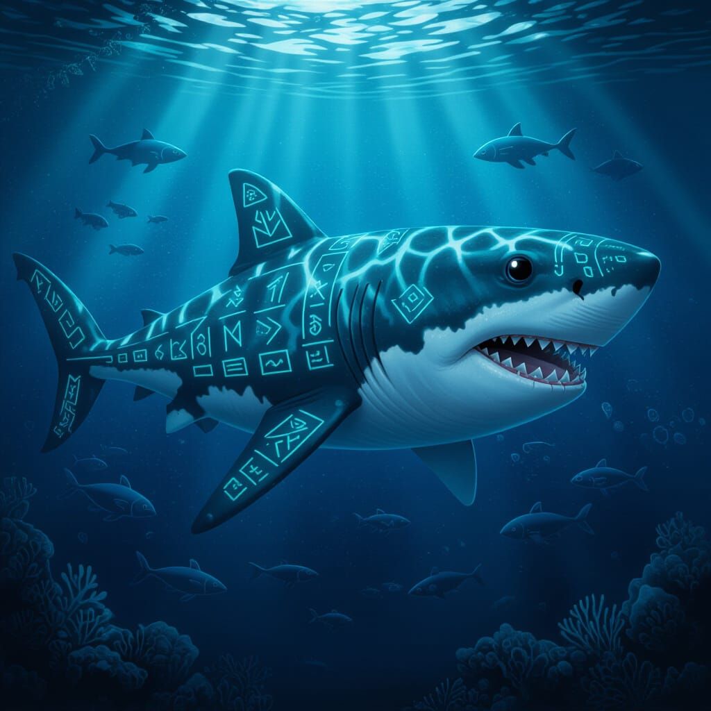 Ancient Megalodon Shark with Runes in Deep Ocean