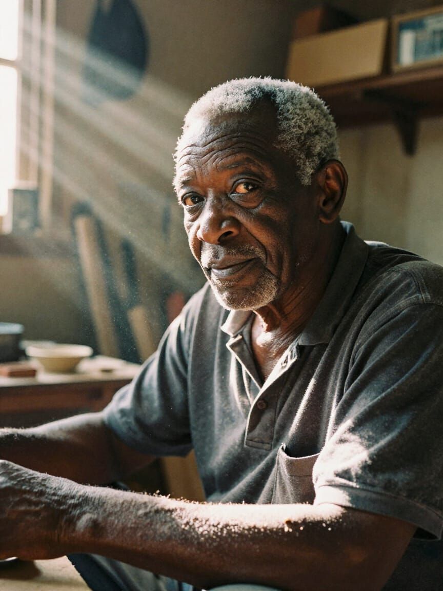 Elderly Black Craftsman in Sunlit Workshop, Photorealistic P...