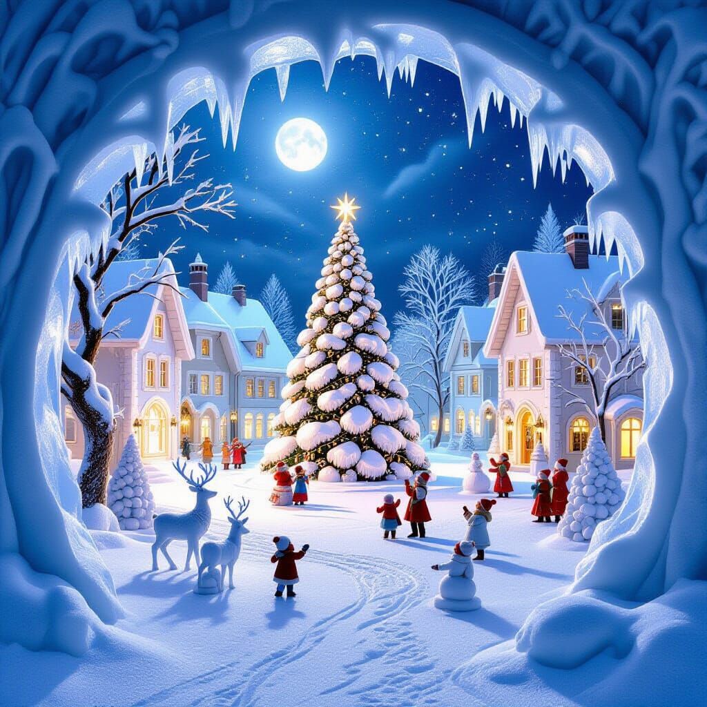 Magical Ice Carving of a Christmas Village Square