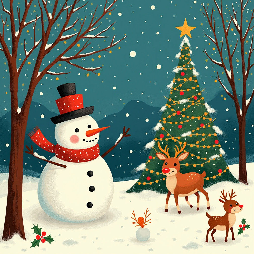 Festive Winter Wonderland in Folk-Art Style