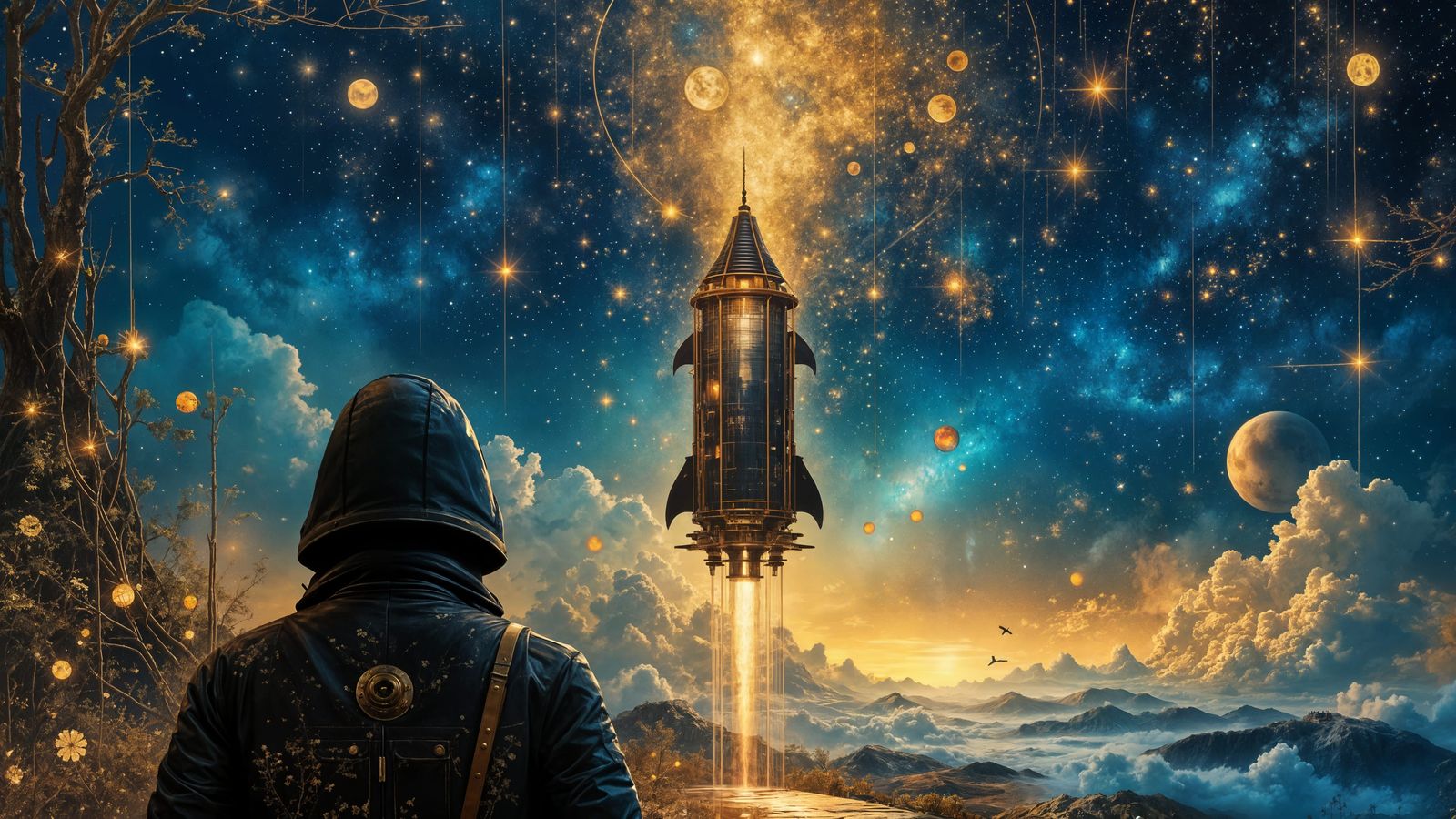 Steampunk Rocket Launch in Surreal Dreamscape