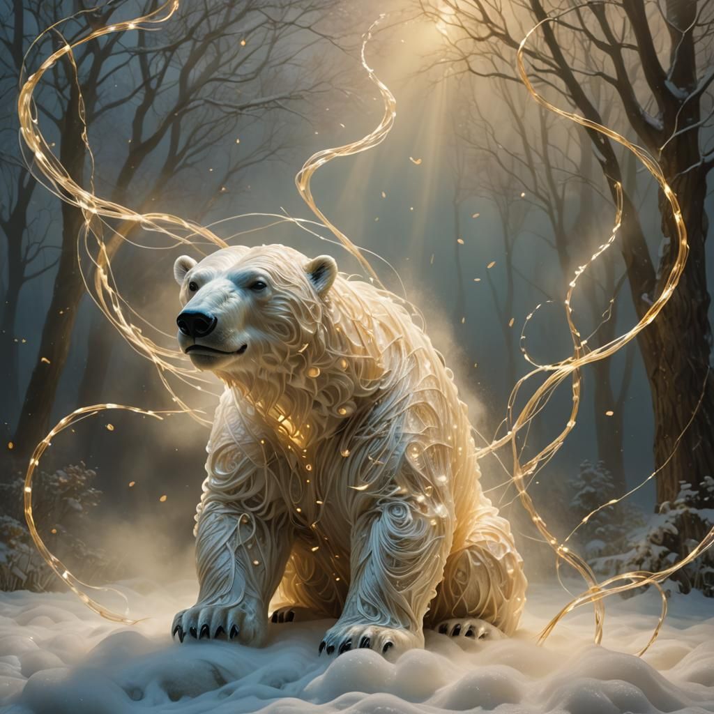 Glowing String Polar Bear in Mystical Forest