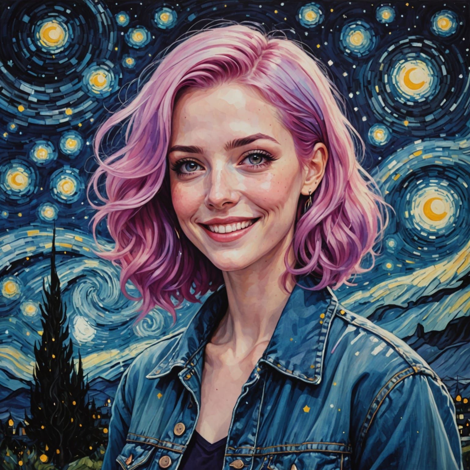 Enchanting Nighttime Portrait in Whimsical Painting Style