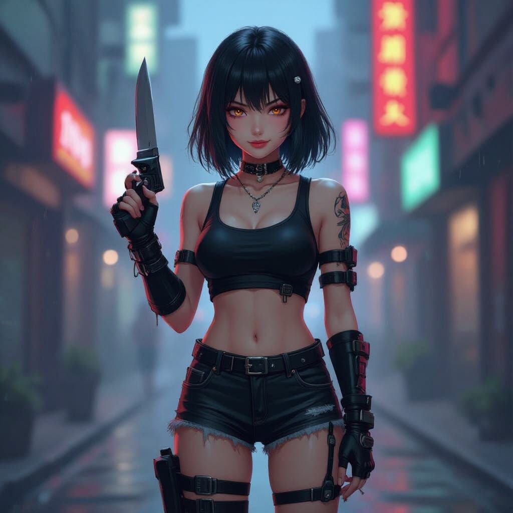 Confident Emo Girl with Neon Lights, Cyberpunk Style