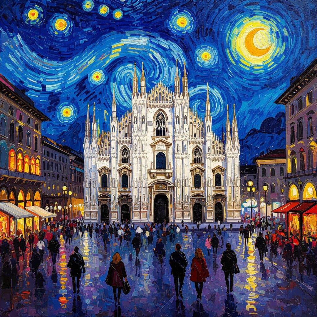 Milan Duomo at Night in Van Gogh Style