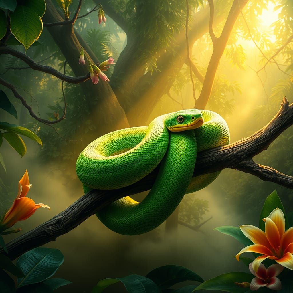 Green Tree Snake in Misty Rainforest