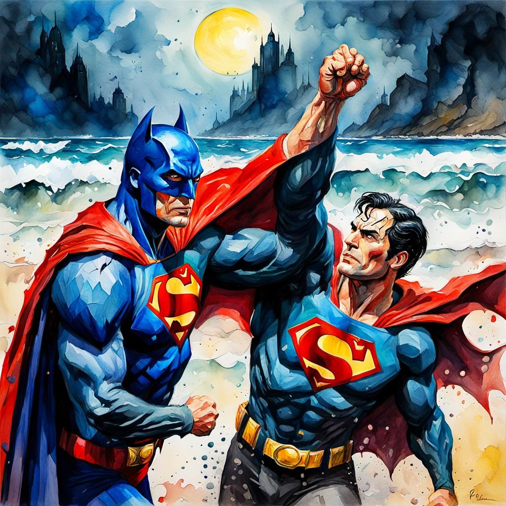 Superman and Batman Beach Scene in Impressionist Style