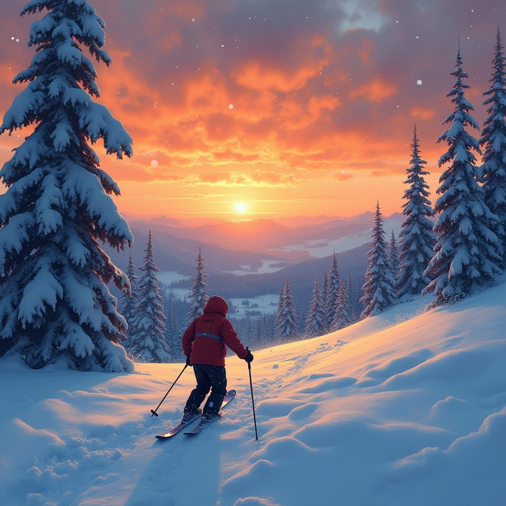 Snowy Sunset Skier in Levi Resort, Digital Art