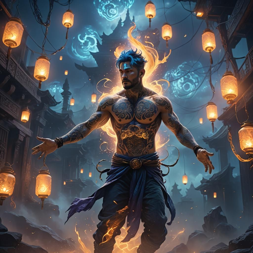 Mystical Figure Floating in a Misty Landscape