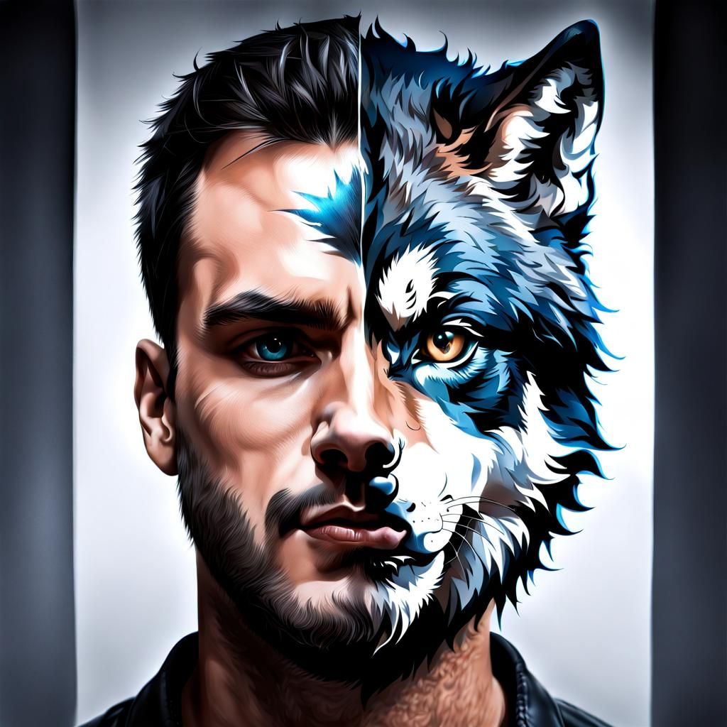Surreal Man-Wolf Hybrid Portrait