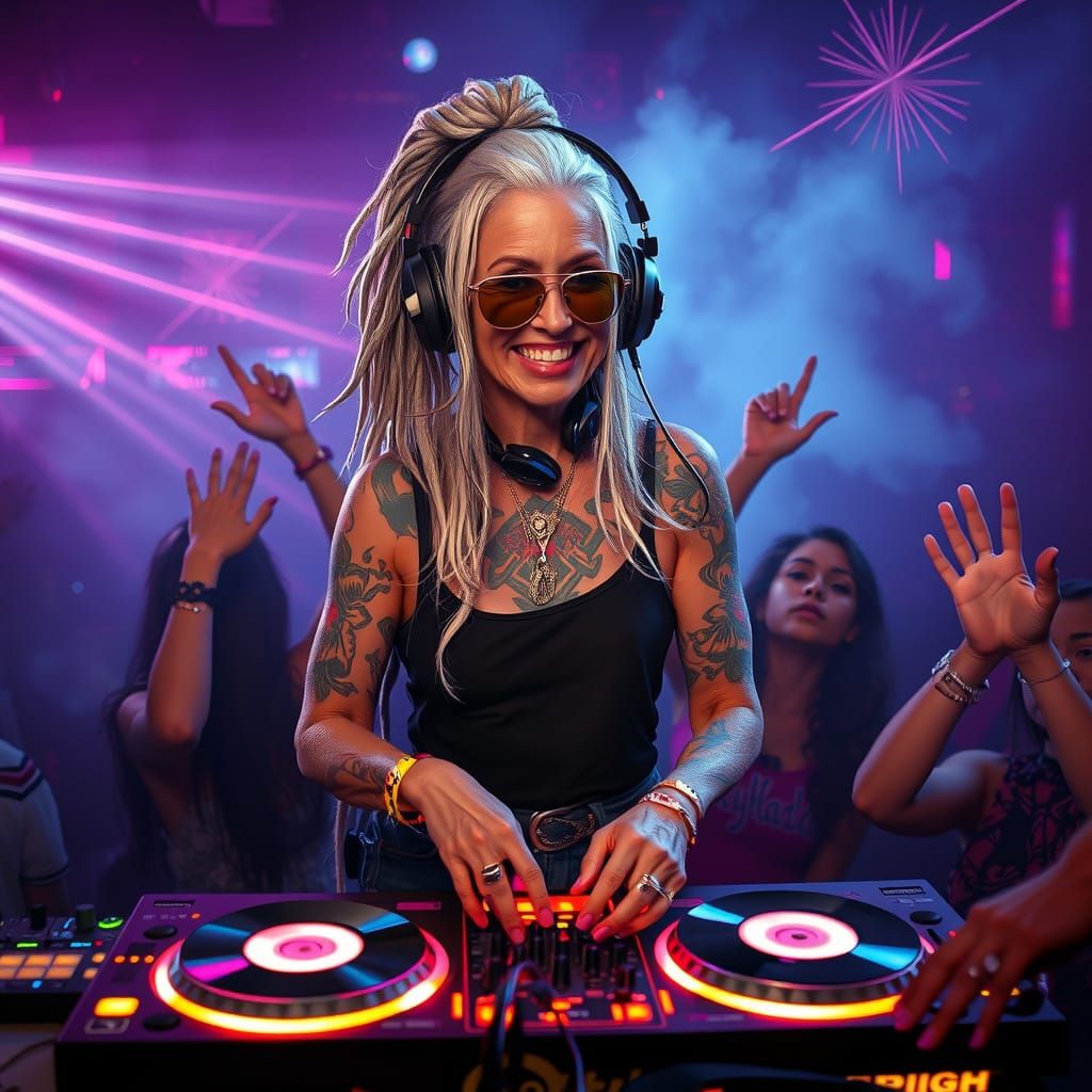 Cyberpunk DJ: Silver Dreadlocks and Neon Beats