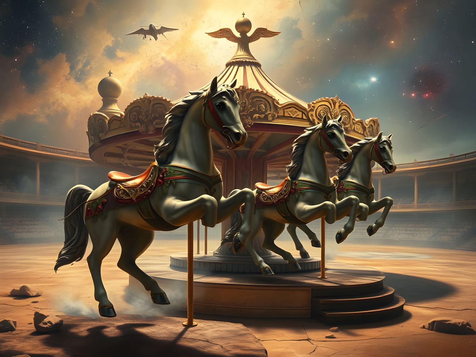 Vintage Venus Carousel Horses Emerge, Oil Painting