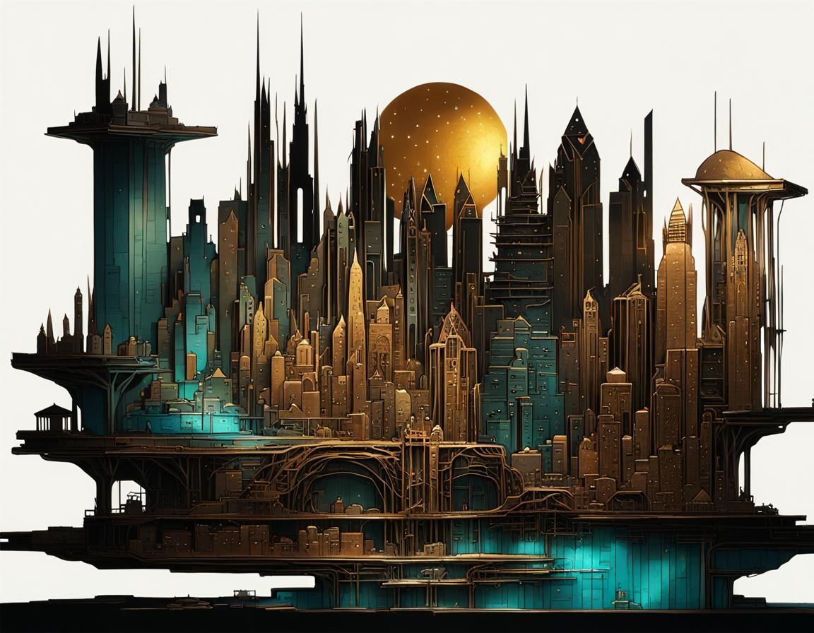 Metalwork Cityscape Sculpture in Dark Fantasy Style